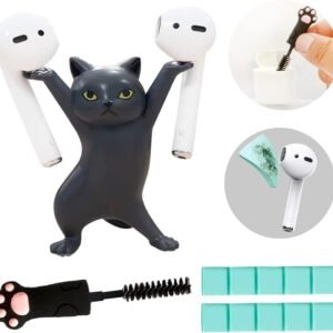 Cute Stuff Home Decor Fun Kitty Decoration for Desk Shelf Magnetic Dance Cat Airpod Holder Headphone Earbuds Holder for Apple AirPods 1& 2 3 Pro, Unique Birthday Bday Gifts Ideas (Black)