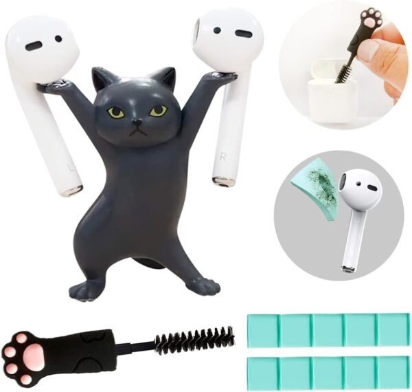 Cute Stuff Home Decor Fun Kitty Decoration for Desk Shelf Magnetic Dance Cat Airpod Holder Headphone Earbuds Holder for Apple AirPods 1& 2 3 Pro, Unique Birthday Bday Gifts Ideas (Black)